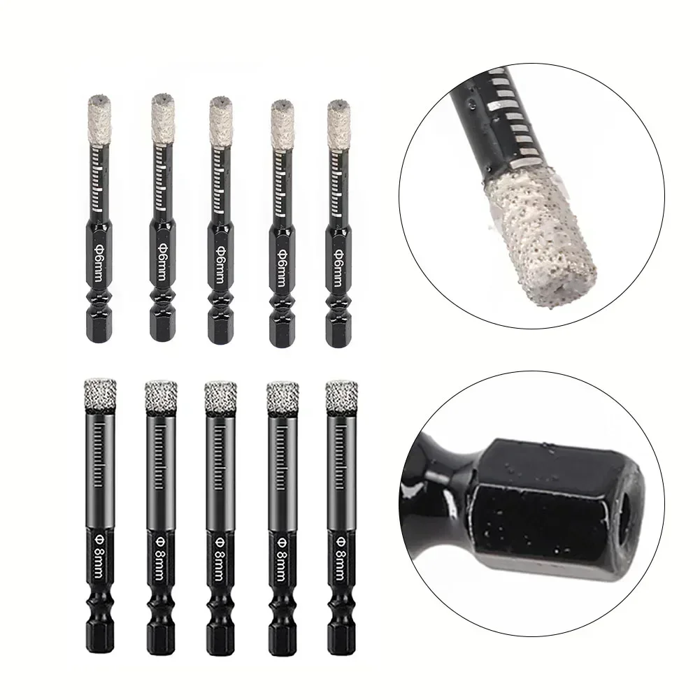 

5pcs Vaccum Brazed Diamond Dry Drill Bits 6/8mm For Drilling Granite&Marble Hex Handle Hole Saw Cutter Replacement Fittings