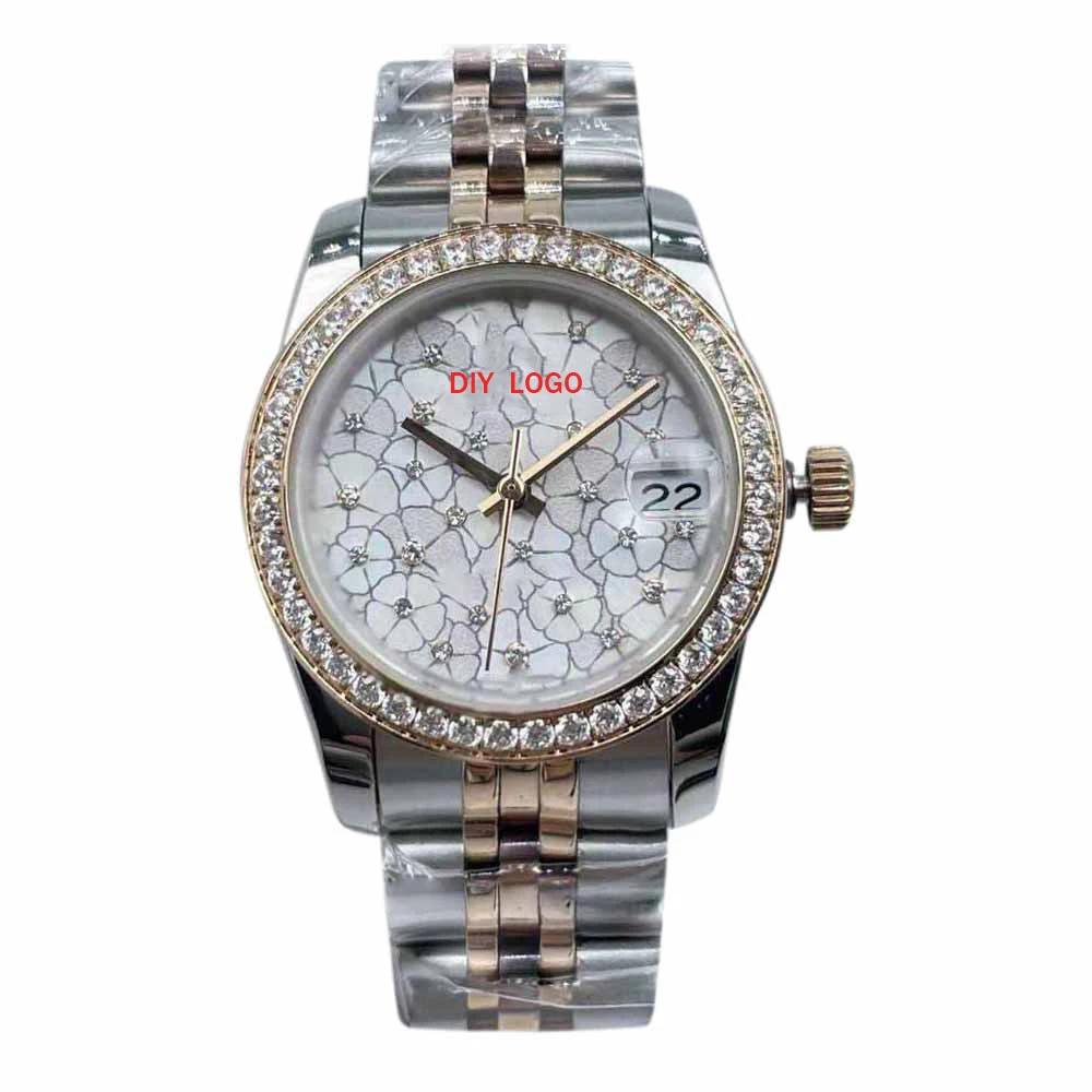 Customized 31mm Women's Fashion Mechanical Watch with 24 Diamonds and Calendar Window