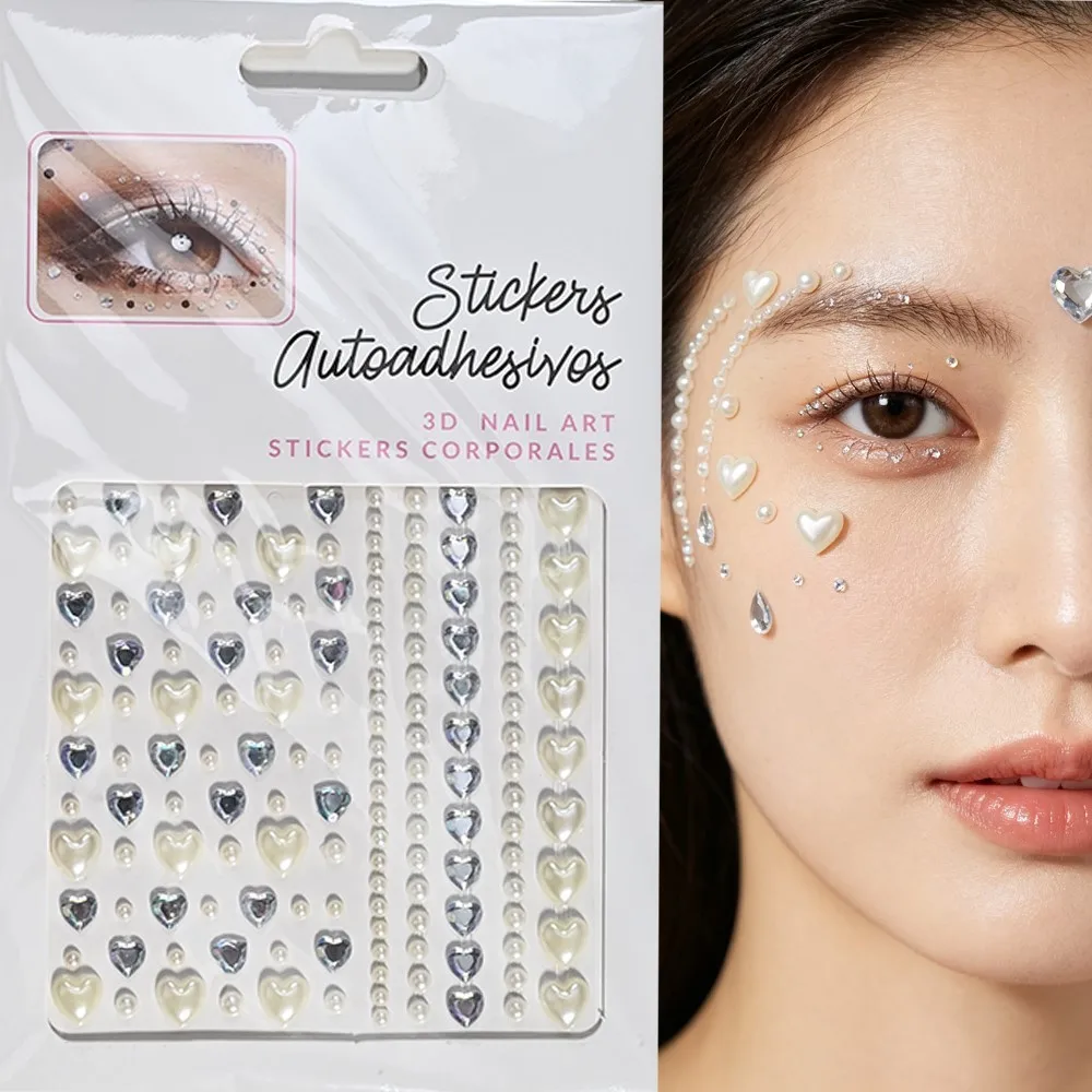 1Pcs Pearl Heart Face Jewel Sticker Shiny Round Love Rhinestone Self Adhesive Body Decal for Festival Concert Party Makeup Decor