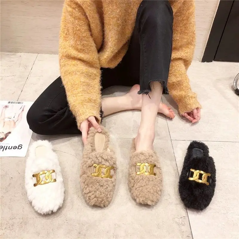 

Baotou half slippers female wearing ins tide 2024 autumn and winter all new Korean version of woolly shoes female flat Muller sh