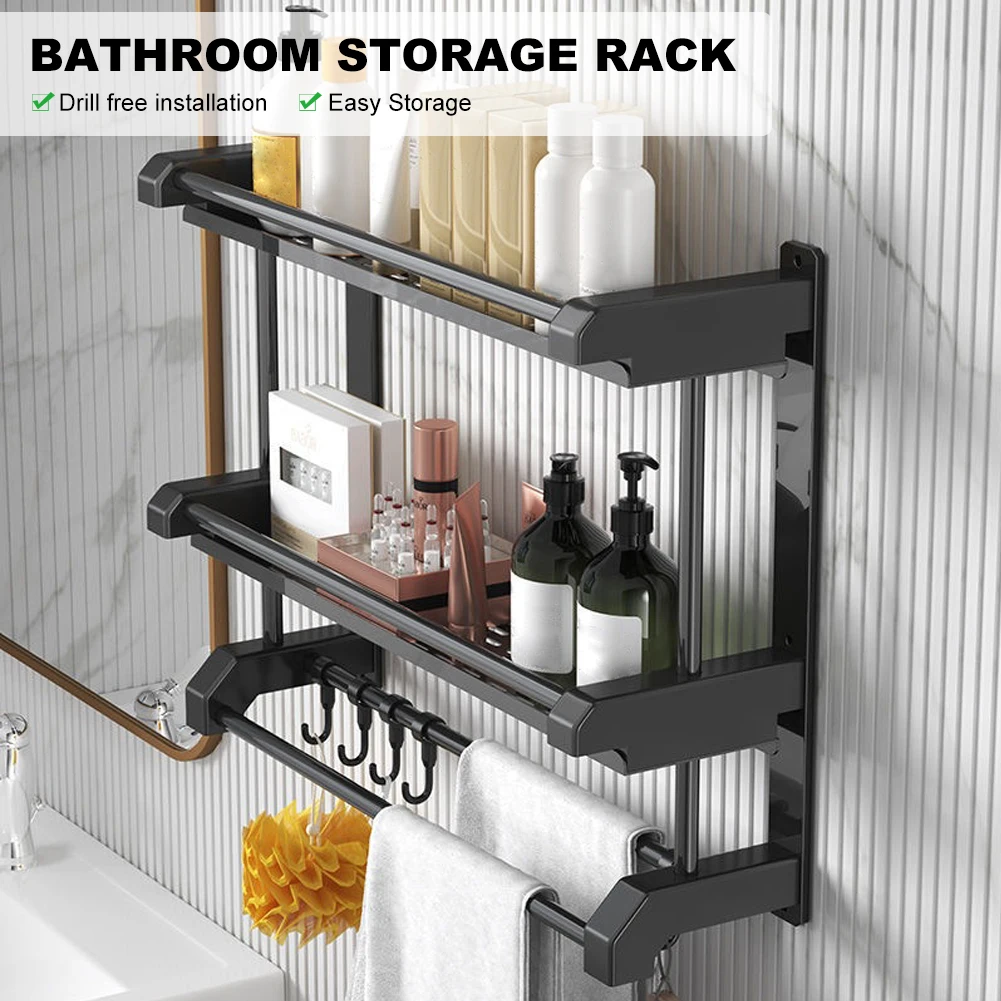 Bathroom Storage Rack Wall-mounted Stainless Steel Towel Rack for Toilet Bathroom Kitchen Hanging Accessories Double Layer Black