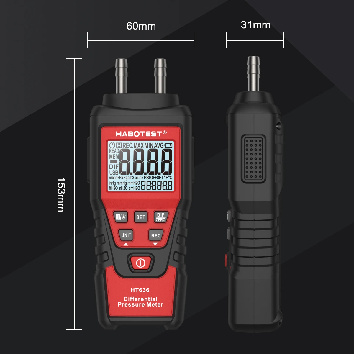 HT636 Digital Air Pressure Manometer 12 Selectable Units Differential Pressure Gauge LCD Display Professional Air Pressure Meter