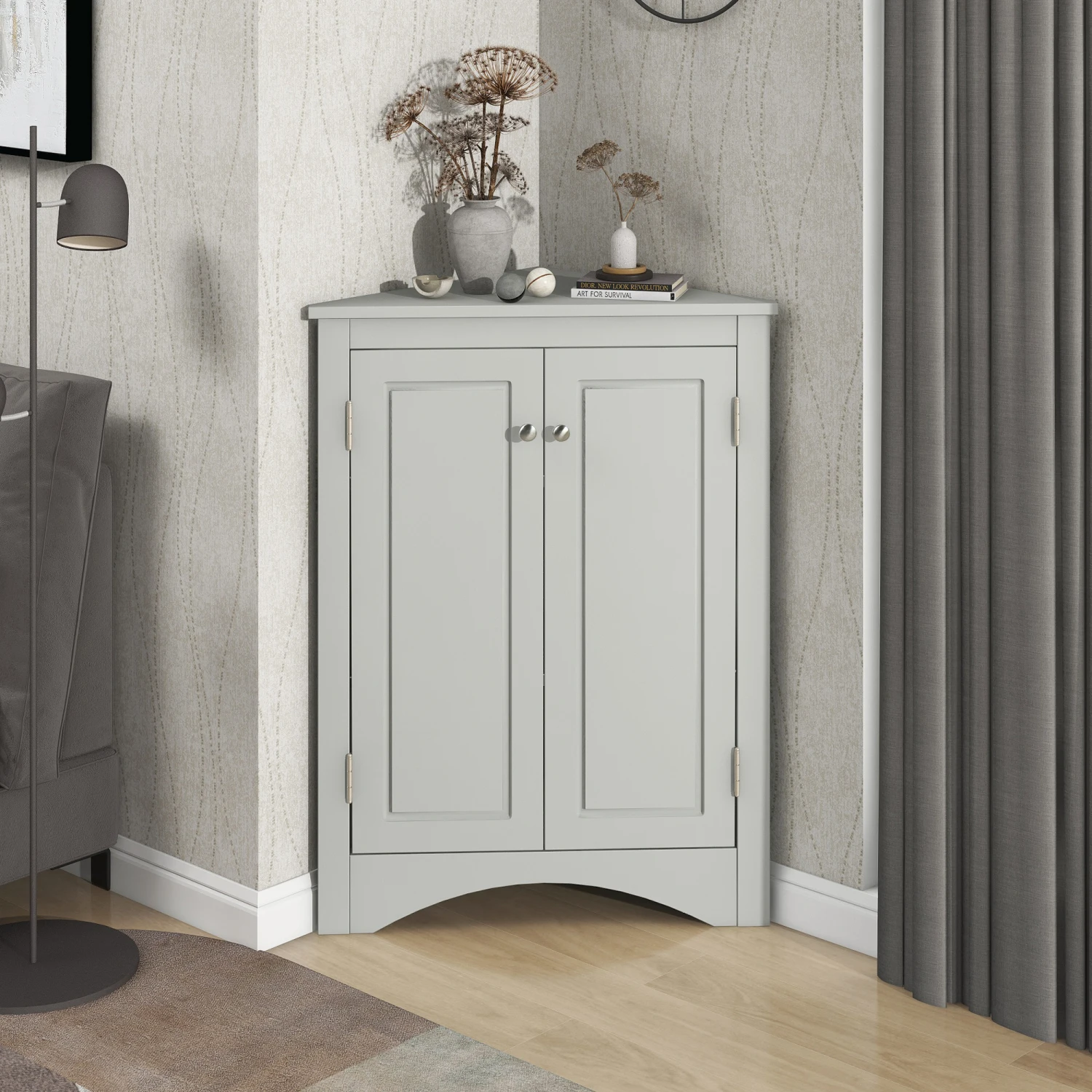 

Grey Triangle Bathroom Storage Cabinet with Adjustable Shelves, Freestanding Floor Cabinet for Home Kitchen