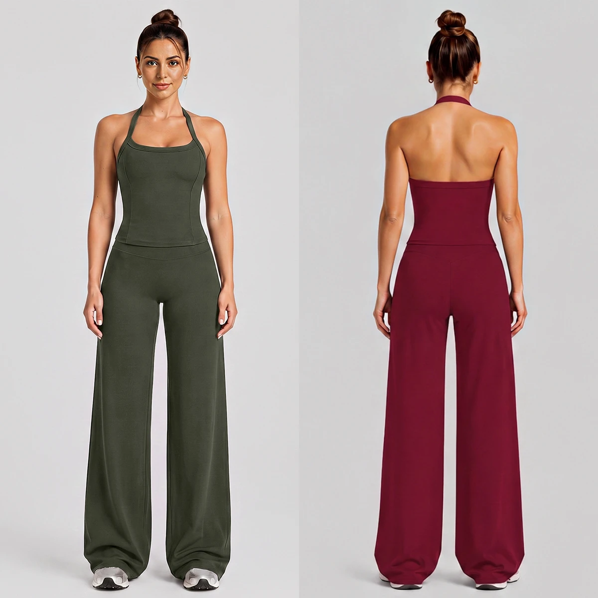 Women 2‑PCS Yoga Set Halter Sleeveless Tank Top + High Waist Wide Leg Pants Soft Stretch Fitness Workout Pilates Outfit Gym Suit