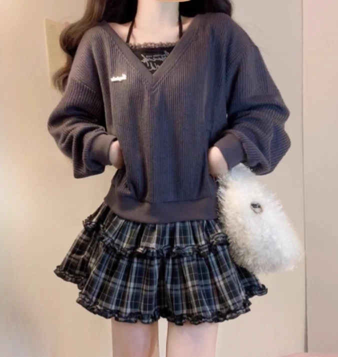 ربيع الخريف حجم كبير كلية محبوك الفرنسية منقوشة فستان قصير Y2k فتاة وهمية قطعتين طويلة الأكمام فساتين كعكة اليابانية #4