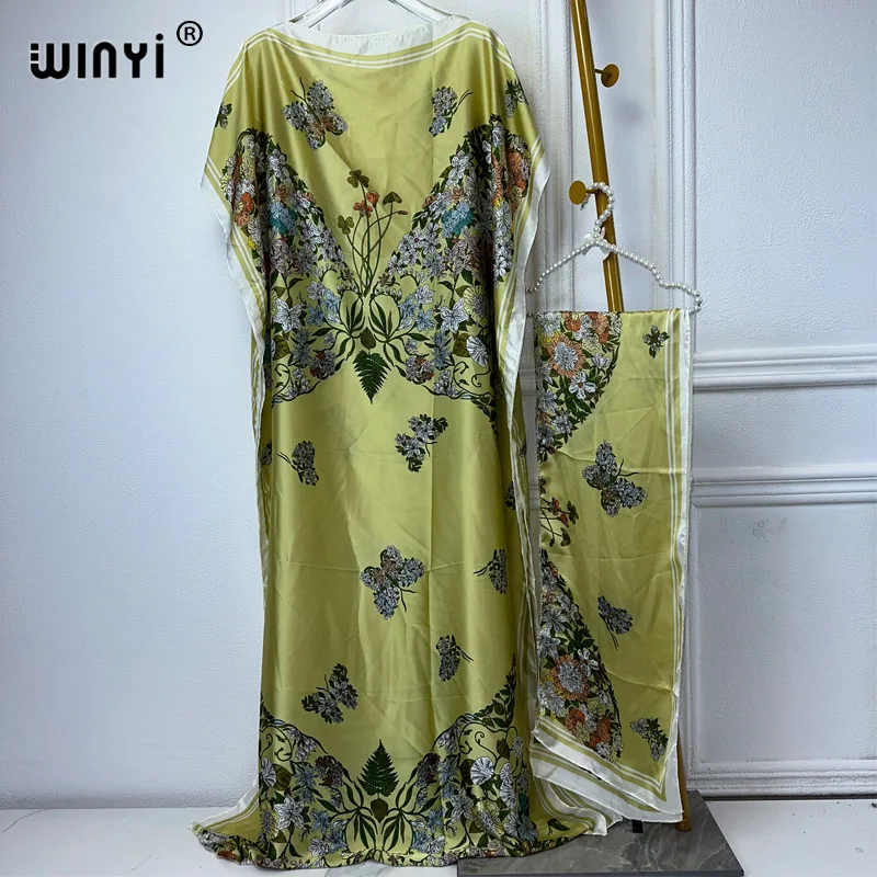 

WINYI abaya women muslim dress summer print Crew Neck Long Sleeve Kaftan Dress, Elegant Maxi Length Dress, Women's Clothing