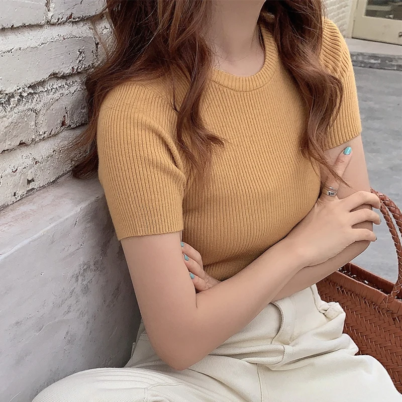 Women\'s Ribbed Knit Top Short Sleeve Basic Fitted Sweater Shirt Teengirl Spring Summer Outfit