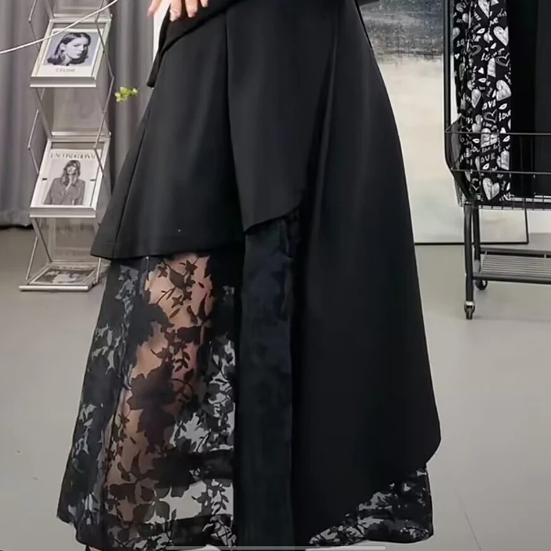 Tannt Women Skirt Irregular Hollow Out Lace Patchwork Black Long Skirts Asymmetry Black High Waist Long Skirts For Women 202