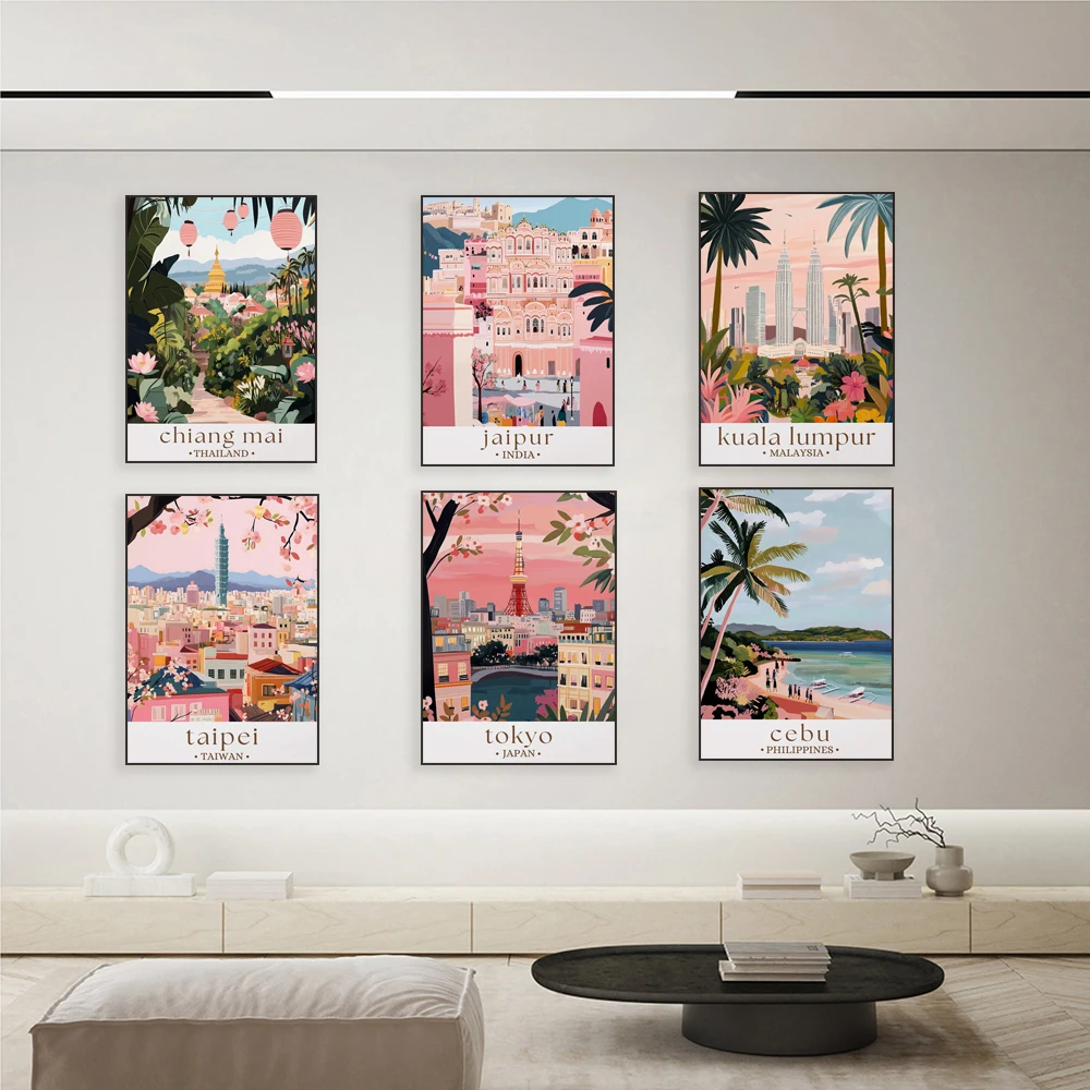Bangkok, Chiang Mai, Philippines, Japan Obon Festival, Shanghai, Bali temples, Mount Fuji, Seoul, Jaipur, India travel posters