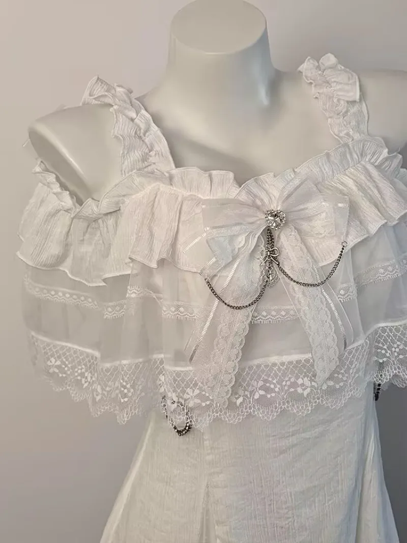 Kawaii فتاة لطيف الصيف الألغام نمط اليابانية ثقافة فرعية قصيرة الأكمام فساتين الدانتيل فتاة حلوة تنورة قصيرة Y2k فستان أبيض