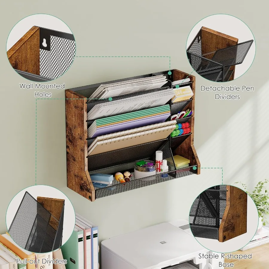منظم ملفات مكتب الحائط 5 طبقات منظم ملفات معلق من خشب الحديد مع صينية على شكل حرف R للاستخدام المكتبي والمنزلي 4 ميزات قابلة للسحب #3