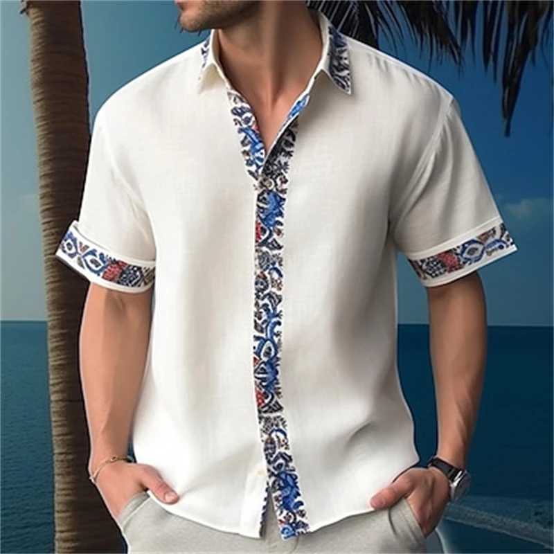 Summer fashion new men\'s short-sleeved shirt solid color cuff placket pattern printing men\'s lapel top loose and comfortable shi