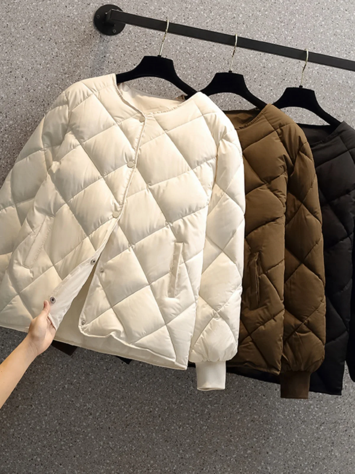 Women's ort Cotton Jaet 2024 New Winter Korean Sle Lightweight Casual Diamond Pattern Versatile Slim Fit Long Sve Coat