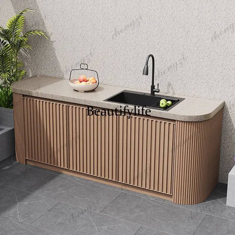 A139 Outdoor courtyard villa marble all-aluminum alloy waterproof and sunscreen curved integrated cabinet operation storage tabl