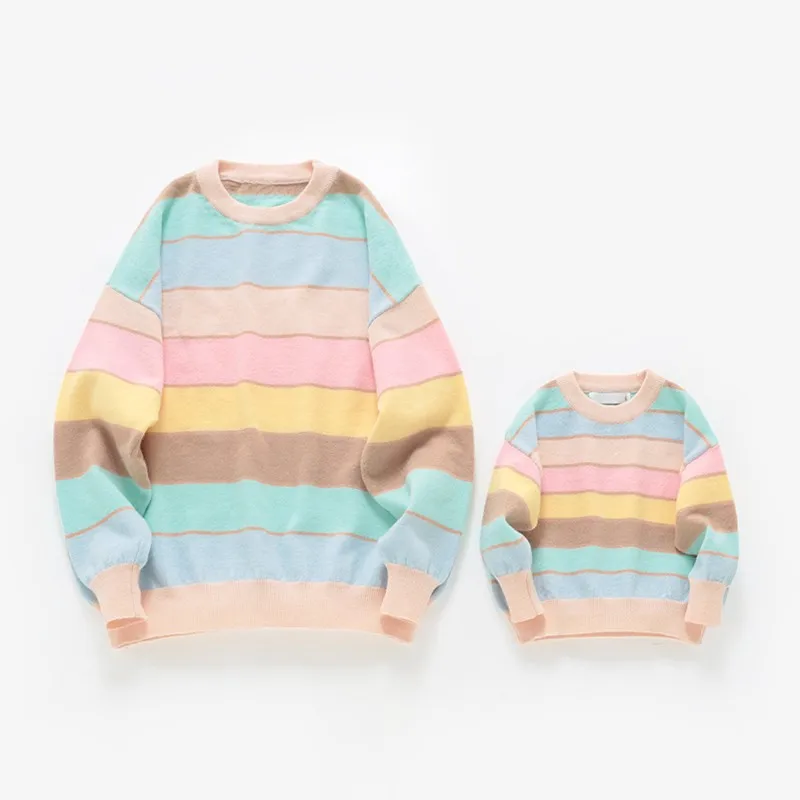 Mother And Daughter Sweater Mom Baby Girl Matching Family Knitted Jumper Women\'s Sweaters Fashion Rainbow Kids Knit Pullover Top