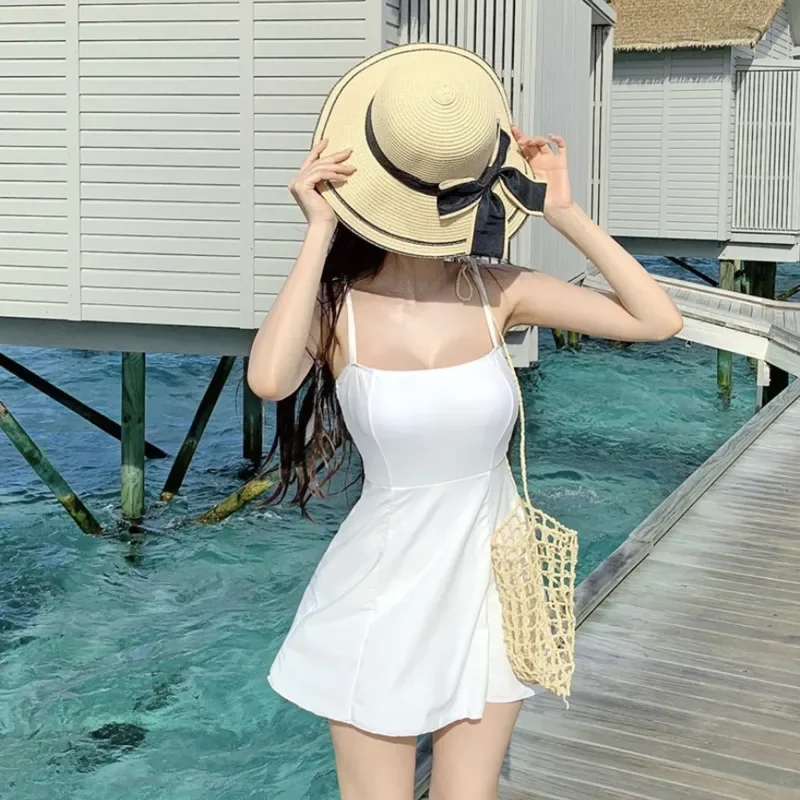 

White One Piece Swimsuit Women Solid Swimwear Bodysuit Dress Padded Bathing Suit Sexy Monokini Summer Beach Swim Wear Korean