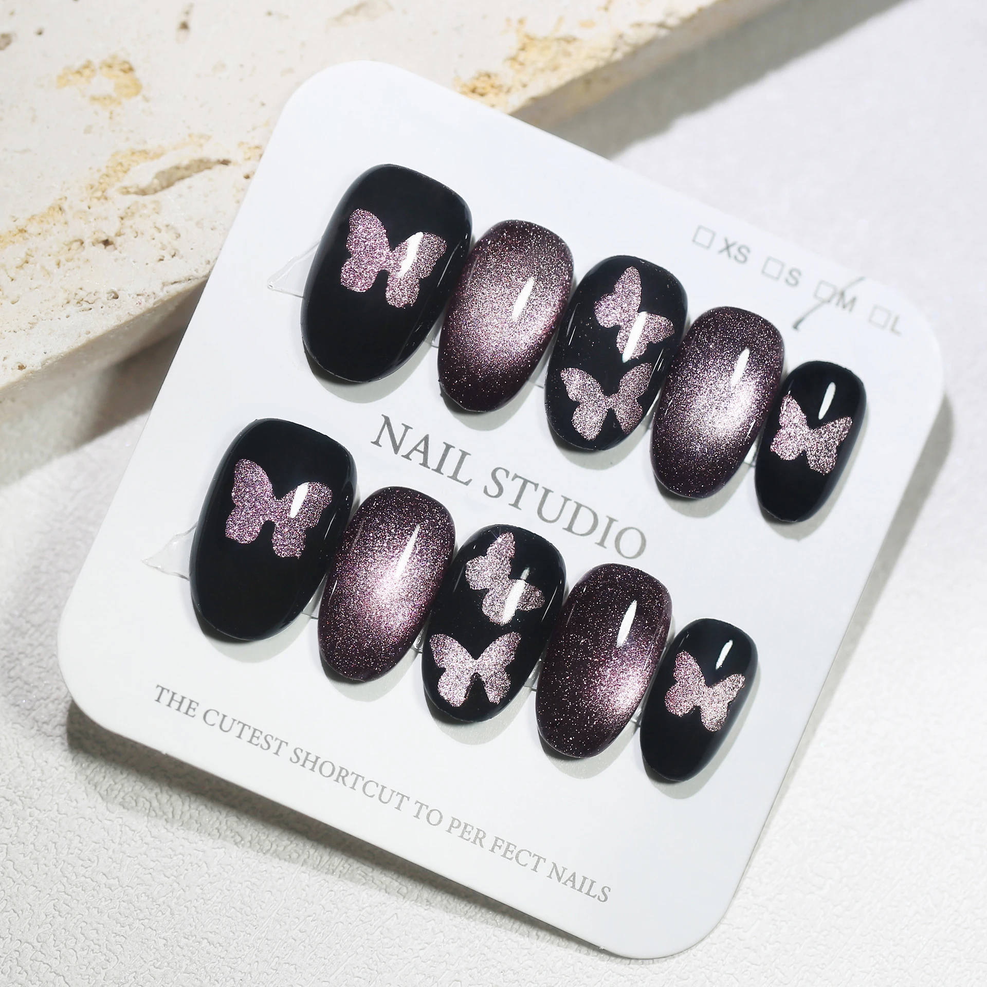 

10pcs/bag Butterfly Purple Moonlight Cat Magnetic Handmade Press On Nails Short Oval Full Cover Detachable False Nails