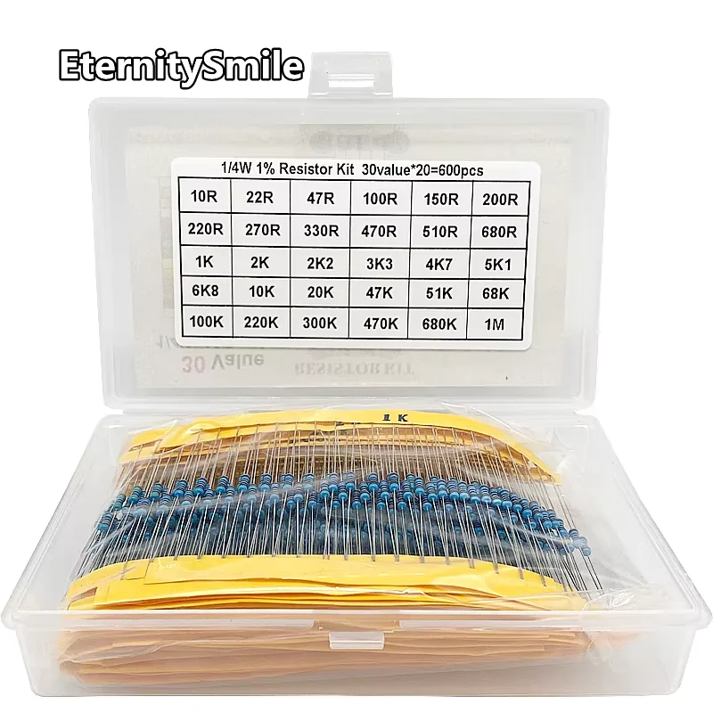 600PCS 30Values Each 20PCS 1% 1/4W Resistor Pack Set Diy Ring Metal 5 Film Resistor Kit Use Colored Ring Resistance  10R-1 M ohm