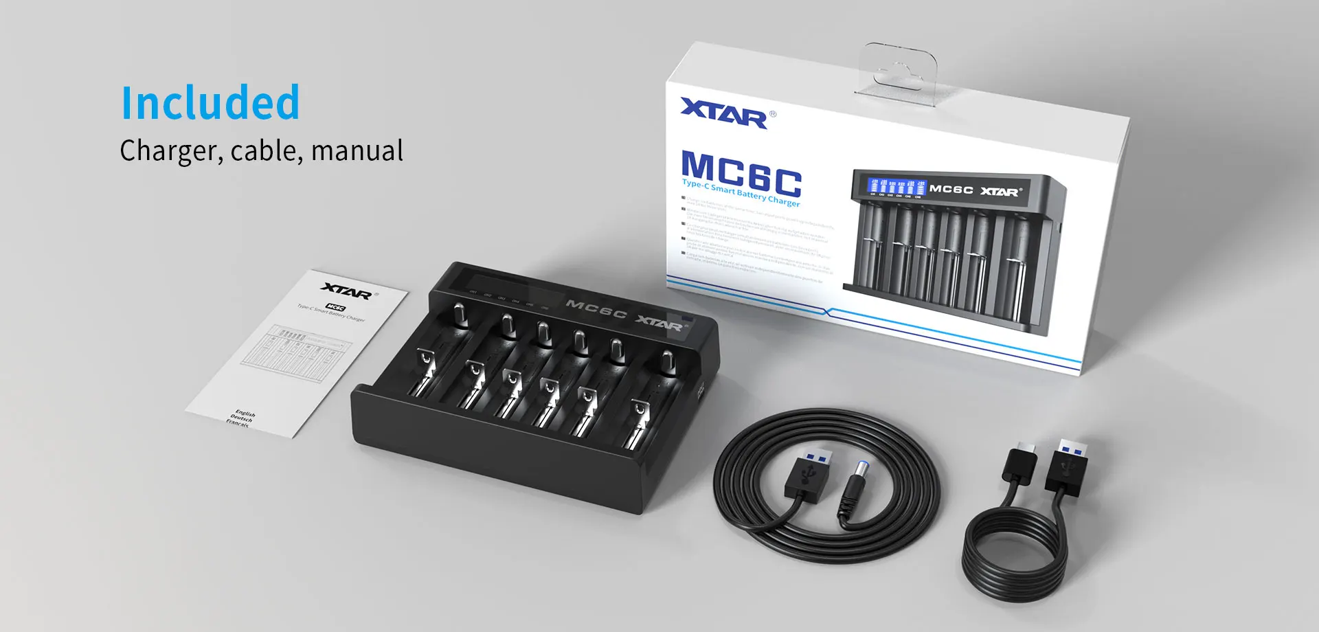 XTAR MC6C Charger 6 Slot LCD Smart Lithium Battery Charger USB-C & DC Input 3.6V Li-ion & Ni-MH Battery Charger