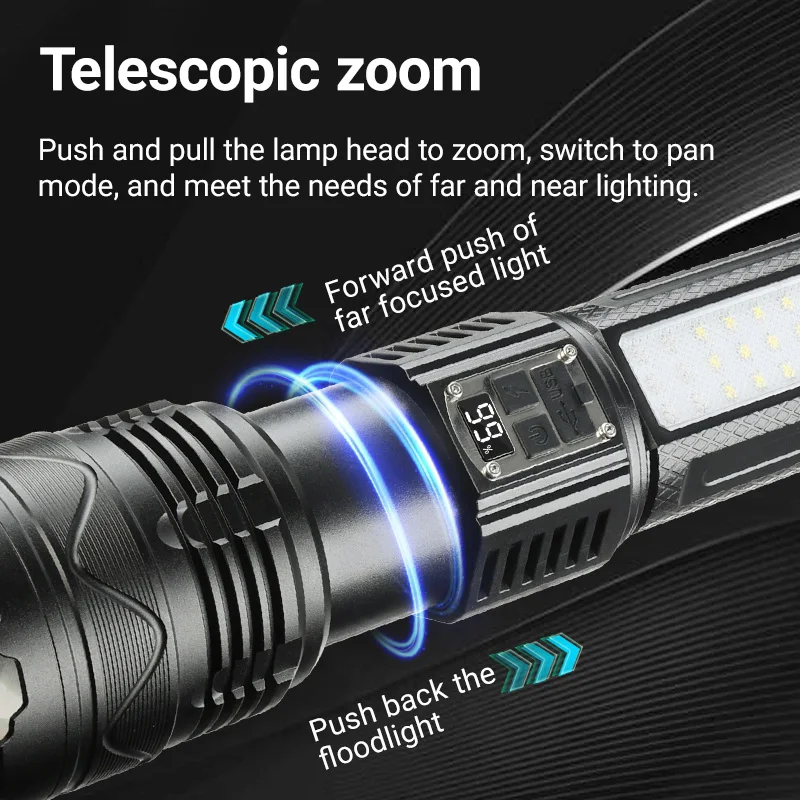 COBA Ultra Bright White Laser Flashlight Outdoor Rechargeable Waterproof Lantern Telescopic Zoom Digital Display Fishing Torch