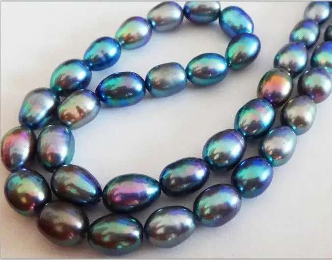 

HOT Wholesale NATURAL 18"12X9MM TAHITIAN GENUINE PEACOCK BLUE GREEN PEARL NECKLACE AAA+