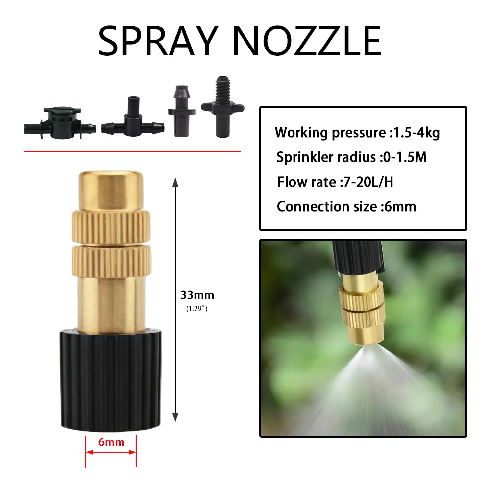 Adjustable Brass Spray Nozzles 10-100PCS 4/7mm Hose Misting Watering Sprinkler with 1/4 Inch Tee Joint Garden Greenhouse Lawn