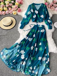 Women Fashion Elegant Casual Floral Skirts Suit Vintage Chic Shirts Blouse A-Line Slit Saya Outfits Autumn Female Two Pieces Set