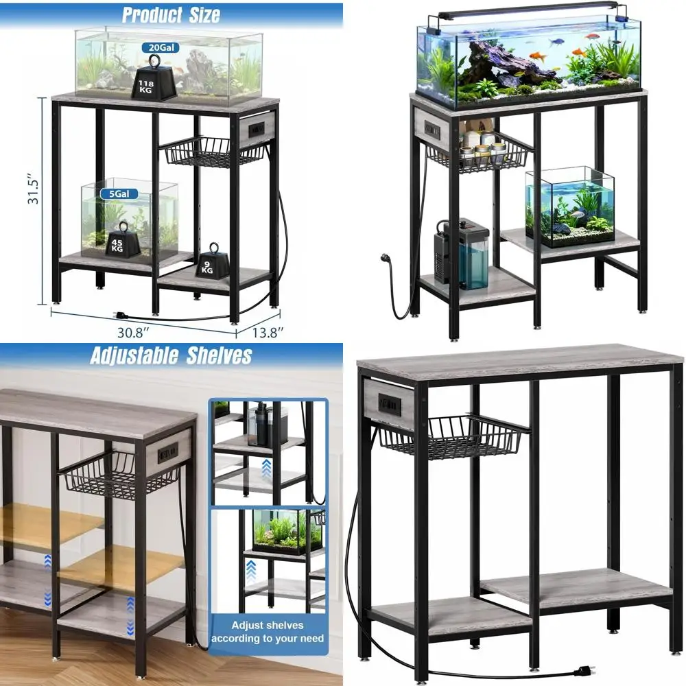 

Прочная подставка для аквариума на 5-10-20 галлонов с регулируемыми полками, вместительным хранилищем, серого цвета, выдерживает до 660 фунтов.