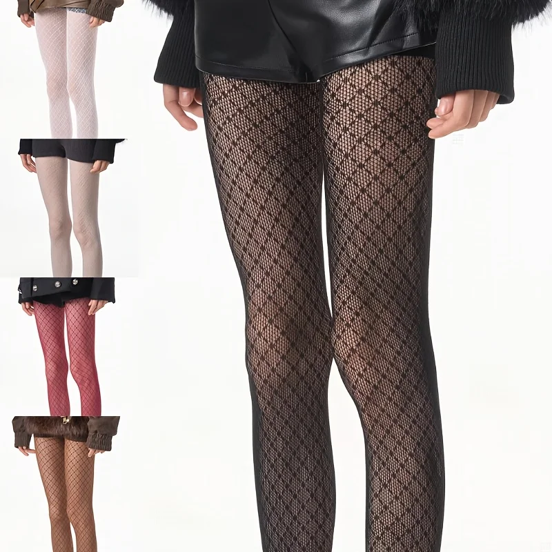 1 Pair – Women's Solid-Color Stretchy Retro Argyle-Knit Tights; Breathable, Cool, and Comfortable Openwork Mesh Design.