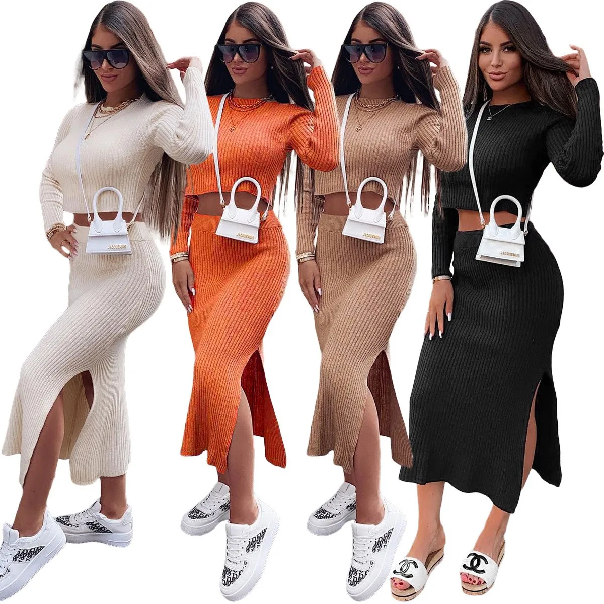 Knitted Skirts Two Piece Sst Women Solid Color Cropped Top Bodycon High Waist Slit Skirt Sets Ladie Fashion Commuting Autumn New