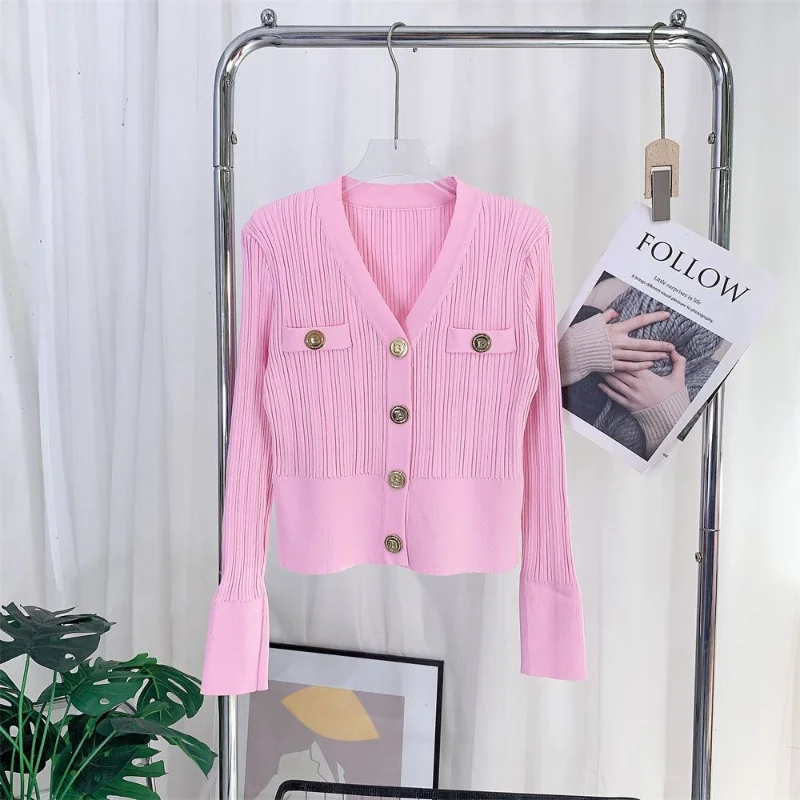 

Spring and Autumn New Women's Gold Buttons Klein Blue Slim V-neck Long Sleeve Versatile Short Knit Cardigan