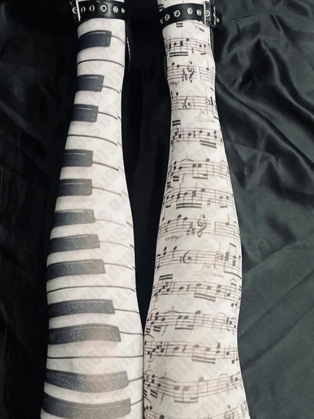 Retro Piano Note Print Stockings Long Tube Socks over Knee Punk Gothic Subculture Streetwear Cosplay Women's Leggings