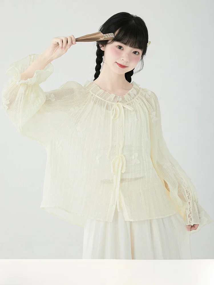 

Летняя тонкая блузка с рукавами-фонариками, рюшами на воротнике, кружевными вставками, оригинальный дизайн, свободный крой, длинный рукав, однотонная, для женщин