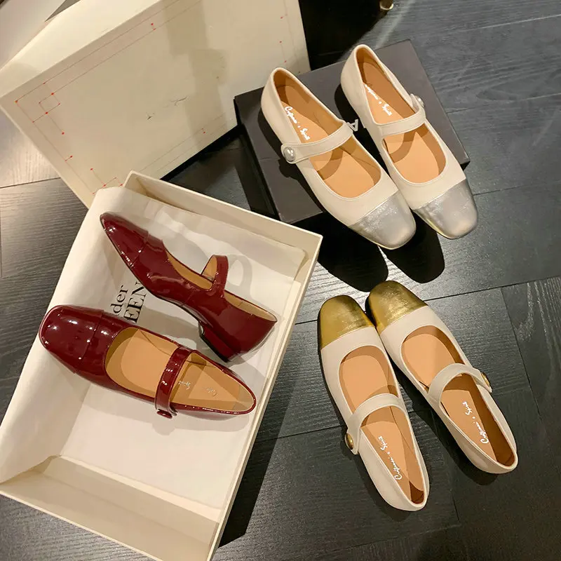 

Женские туфли с круглым закрытым носком, лоскутные туфли разных цветов из натуральной коровьей кожи, Туфли Мэри Джейн на плоской подошве, весна 2023