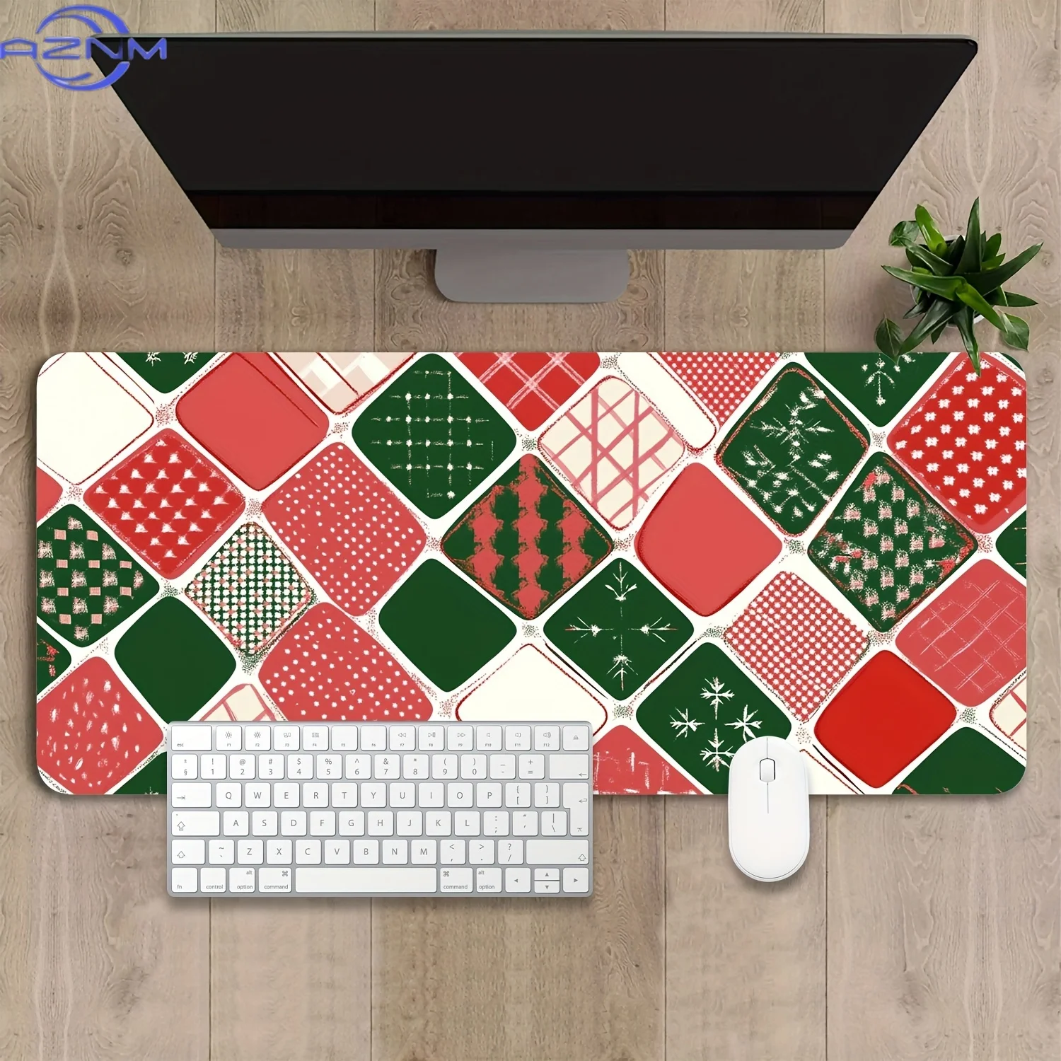 Large Christmas Quilt Pattern Mouse Pad - Non-Slip Rubber Desk Mat for Office, Gaming, and Home Use, Festive Red, Green, and Whi