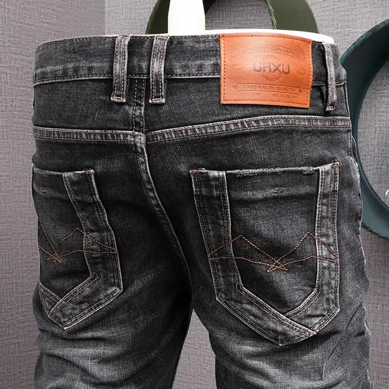 Italian Style Fashion Men Jeans Retro Black Gray Stretch Slim Fit Ripped Jeans Men Trousers Vintage Designer Denim Pants Hombre