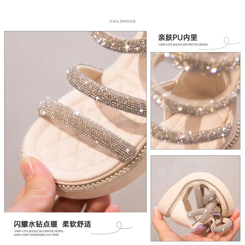 Summer Children‘s Girls Gladiator Sandals Rhinestone Crystal Princess Solf Shoes Non-slip Breathable Fashion Kids Sandals Girls