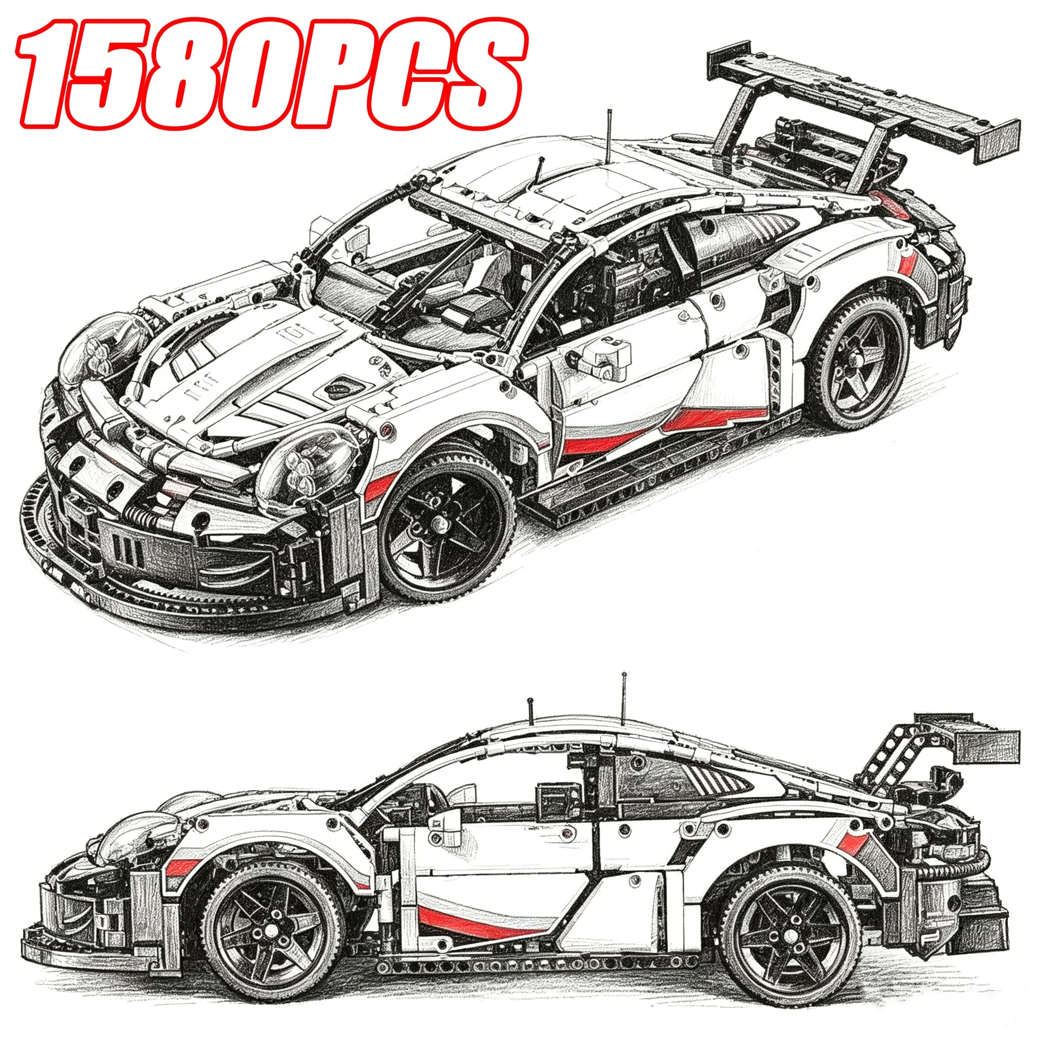 Carrinho de Corrida em Blocos de Montar Detalhado Technology Speed Champions 1580 Peças Escala 1:8 - Modelo de Carro para Exibição, Coleção e Decoração - Presente