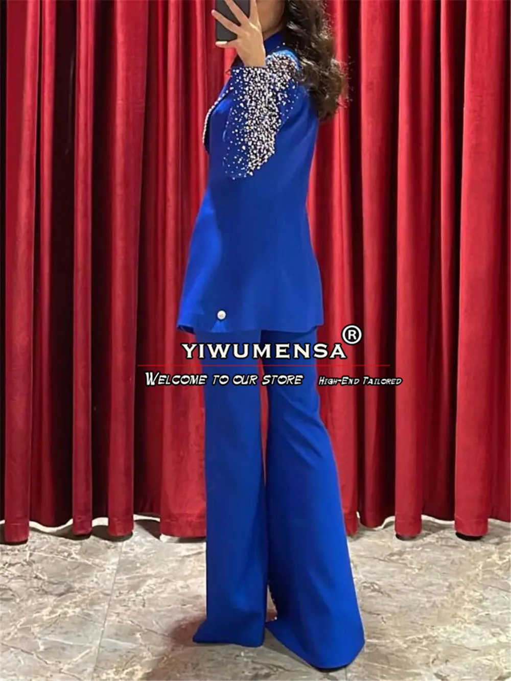 Blazer azul con cuentas y perlas para mujer, traje de 2 piezas, ropa Formal de fiesta, chaqueta de un solo pecho, vestidos de madre hechos a medida