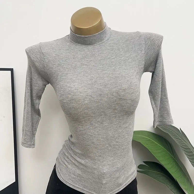 Slim Fit Five-Quarter Sleeve T-Shirt Women's Sexy Semi-Transparent Body-Contouring Half-High Collar Thin Material Base Layer ...