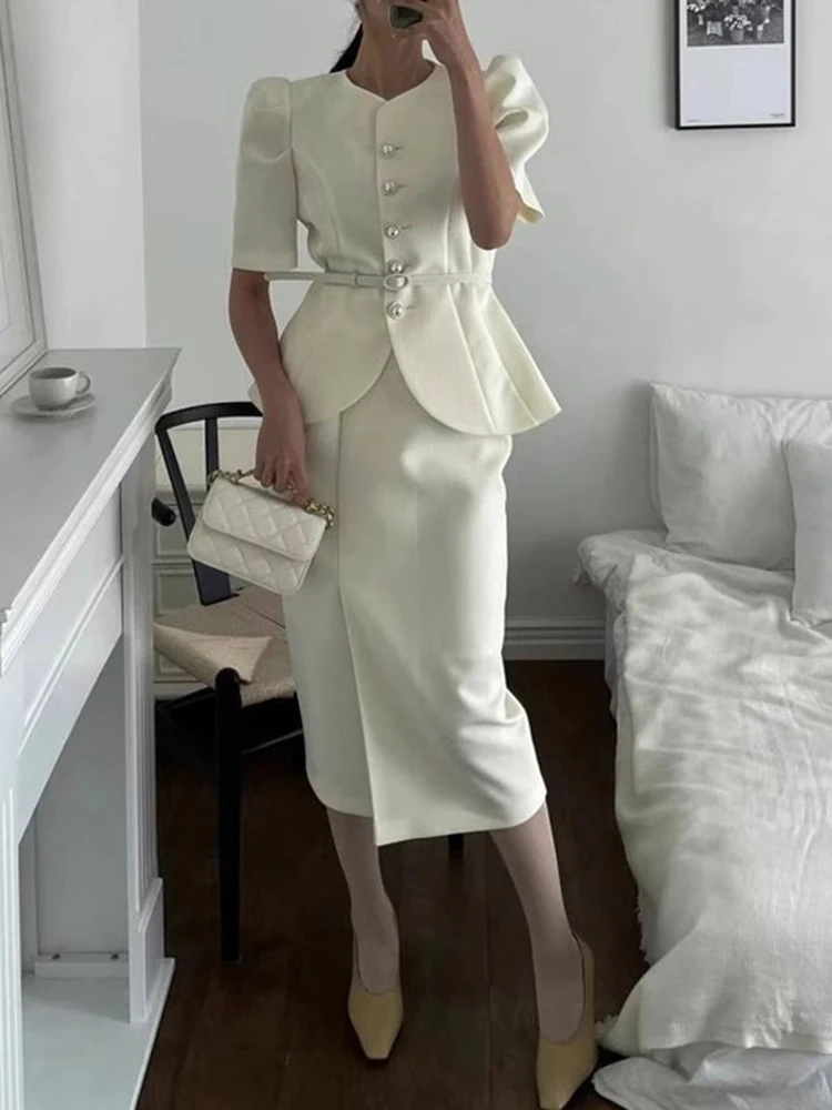 GALCAUR Elegant Two Piece Set Women O Neck Puff Sleeve Spliced Sashes Top High Waist Slim Midi Skirt Solid Suit Female New Style