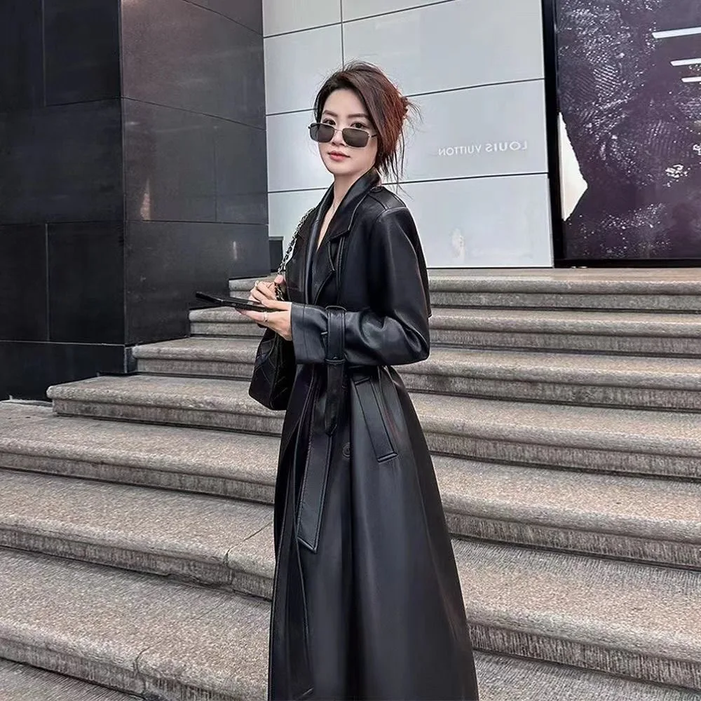 Autumn Black Waterproof Pu Leather Trench Coat for Women Long Sleeve Belt Double Breasted Autumn Designer Fashion