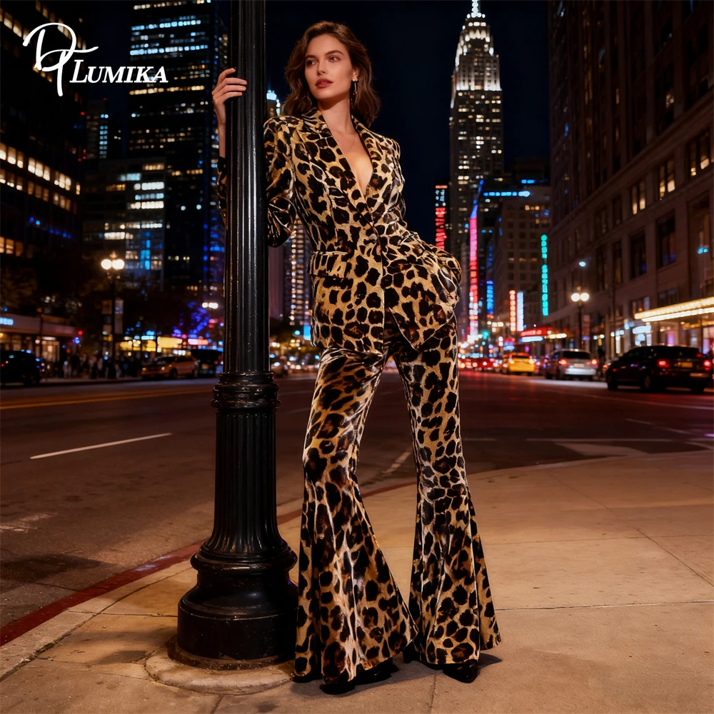 

2026 Новейший бархатный леопардовый костюм для женщин, облегающий комплект из 2 предметов на одной пуговице, комплект из пиджака и брюк, дизайнерские костюмы DTLumika