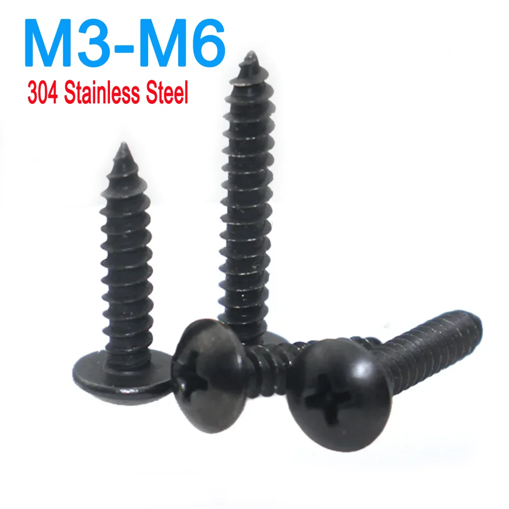 

Black 304 SS Umbrella Head Self Tapping Screws | Cross Recessed Large Flat Head | M3 M3.5 M4 M5 M6 20/30/50pcs