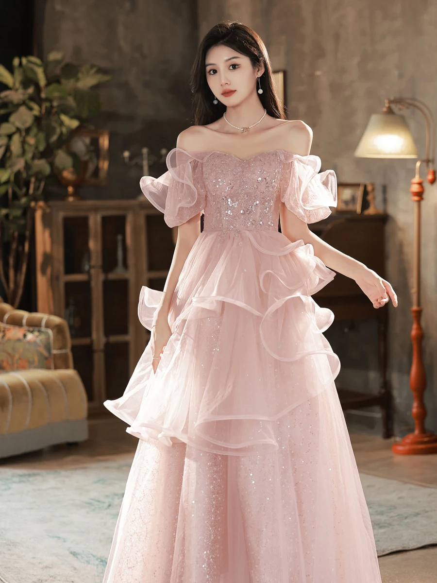 

Evening Dress Female Light Luxury Minority Host Art Exam Super Fairy Pink Engagement