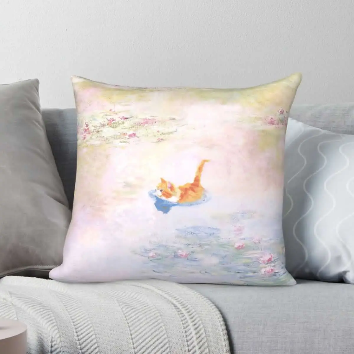 Orange Cat Water Lily Claude Monet Square Pillowcase Polyester Linen Velvet Pattern Zip Decorative Bed Cushion Cover