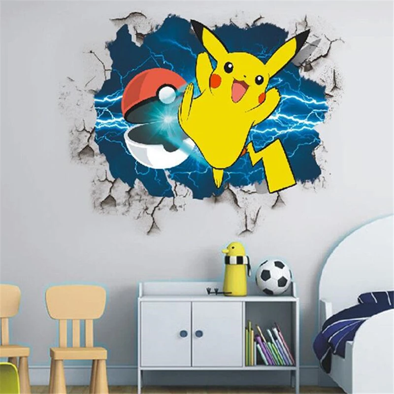 Cartoon Pikachu Wall Stickers For Kid\'s Rooms Kindergarten Living Room Bedroom PVC Wall Decoration Animated Poster Bedroom Decor