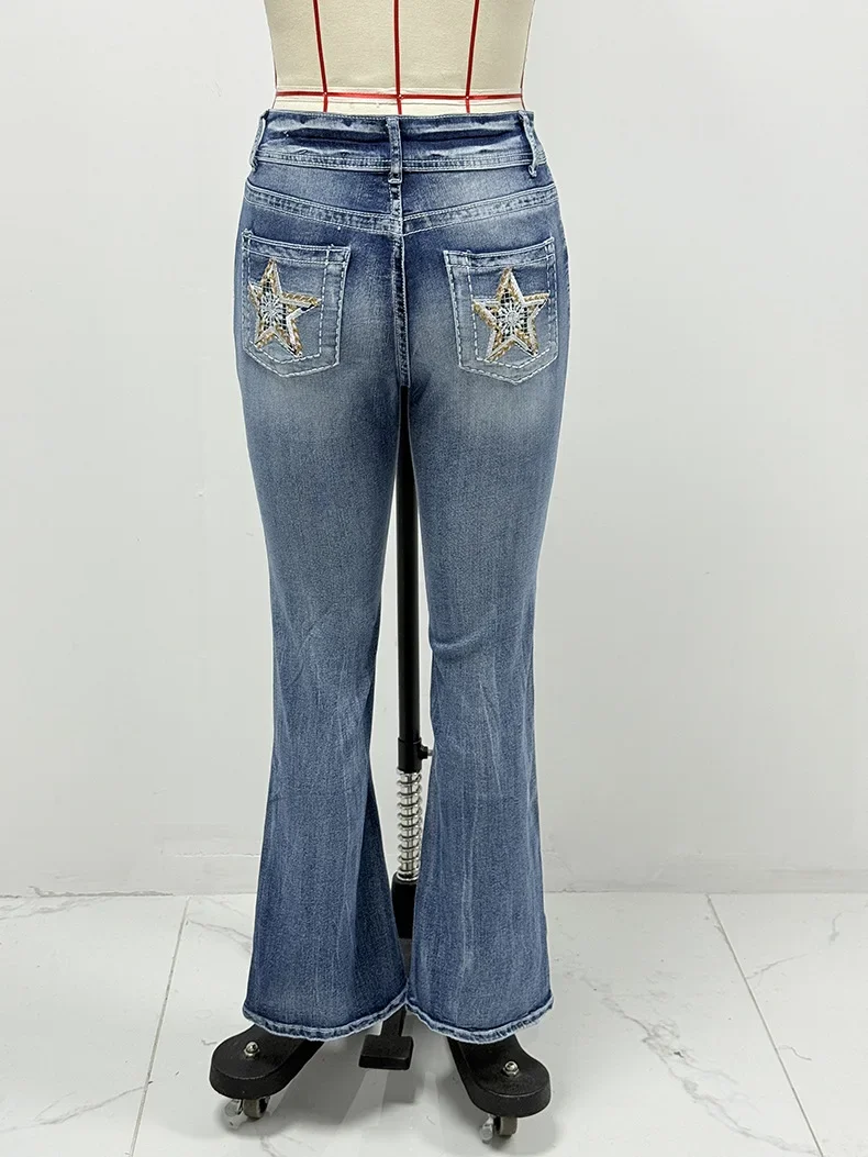 Pantalones vaqueros para mujer, pantalones largos, pantalones vaqueros para mamá, pantalones rectos con empalme de bolsillo y botones, ropa de calle informal sencilla azul de cintura alta Y2k