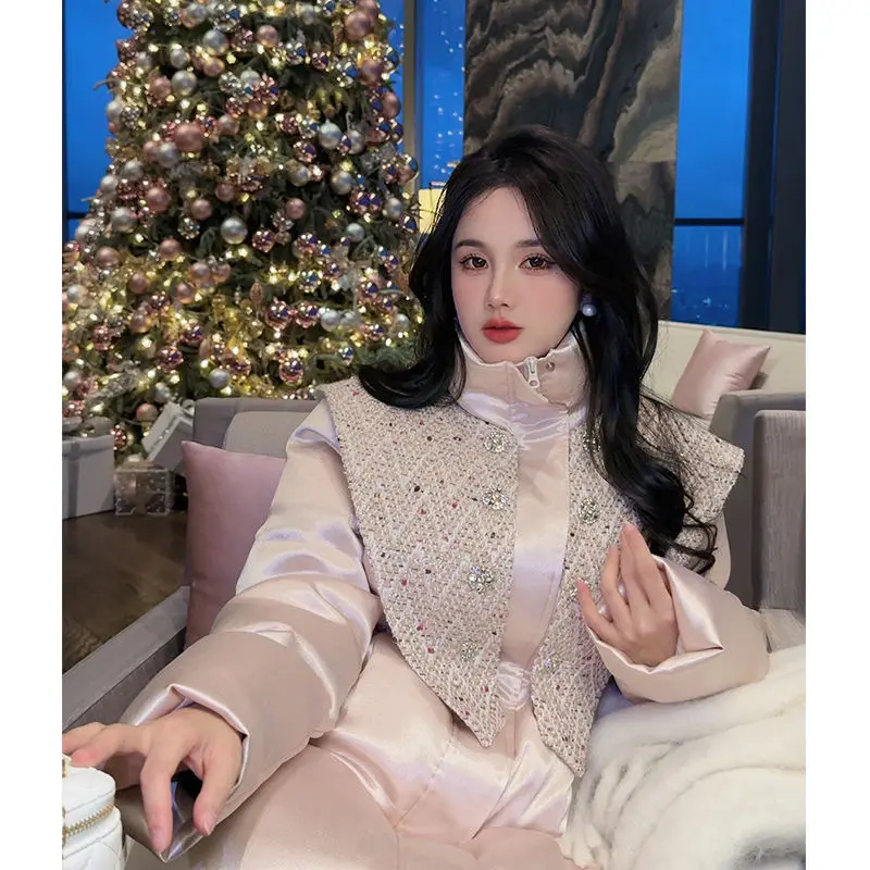 

Commuting Pretty Parkas Style Design Sense Pink with Removable Vest Two Wear Medium and Long Coat Women's Winter New Year's Robe