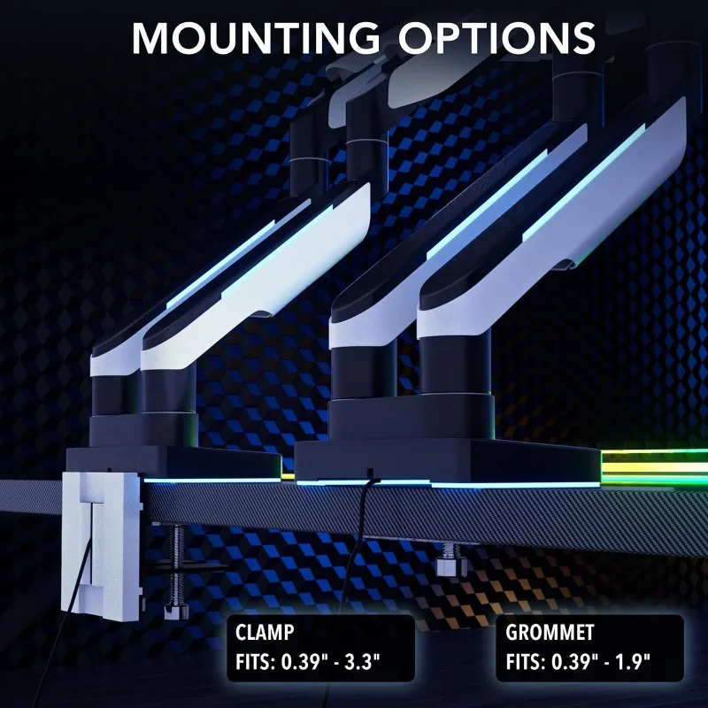 Heavy Duty Dual Monitor Arm up to 35 in. 44 lbs Screens    27 32 34 35 inches, Gas Spring, Clamp, Grommet, RGB Lights